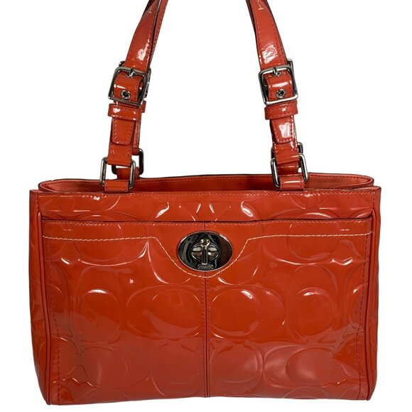 COACH Hampton Orange Patent Embossed Leather Medium Carryall F14413 Shoulder Bag - Picture 1 of 16